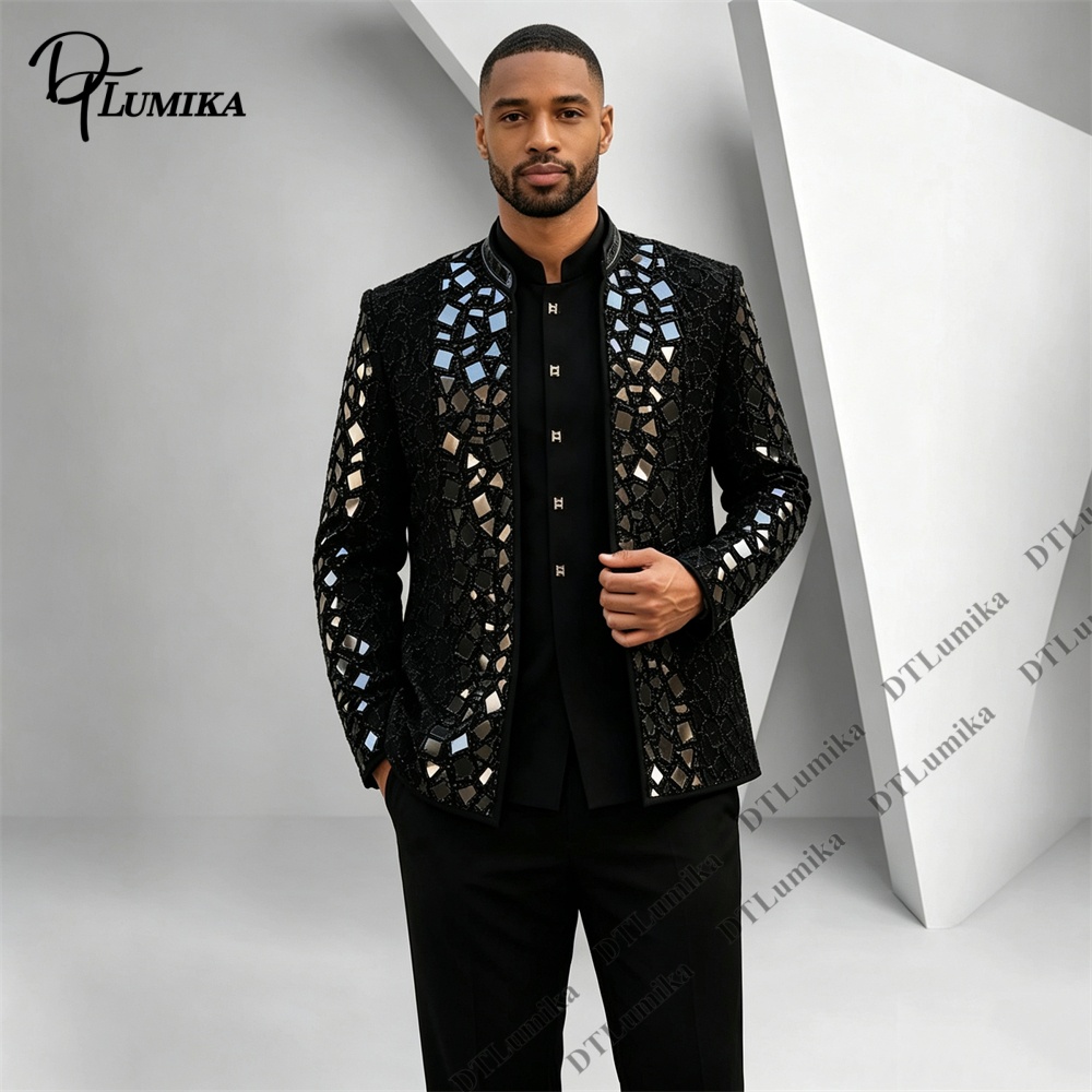 Men Formal Wear Office - بدلة رجالية سوداء بياقة ماندارين مزينة