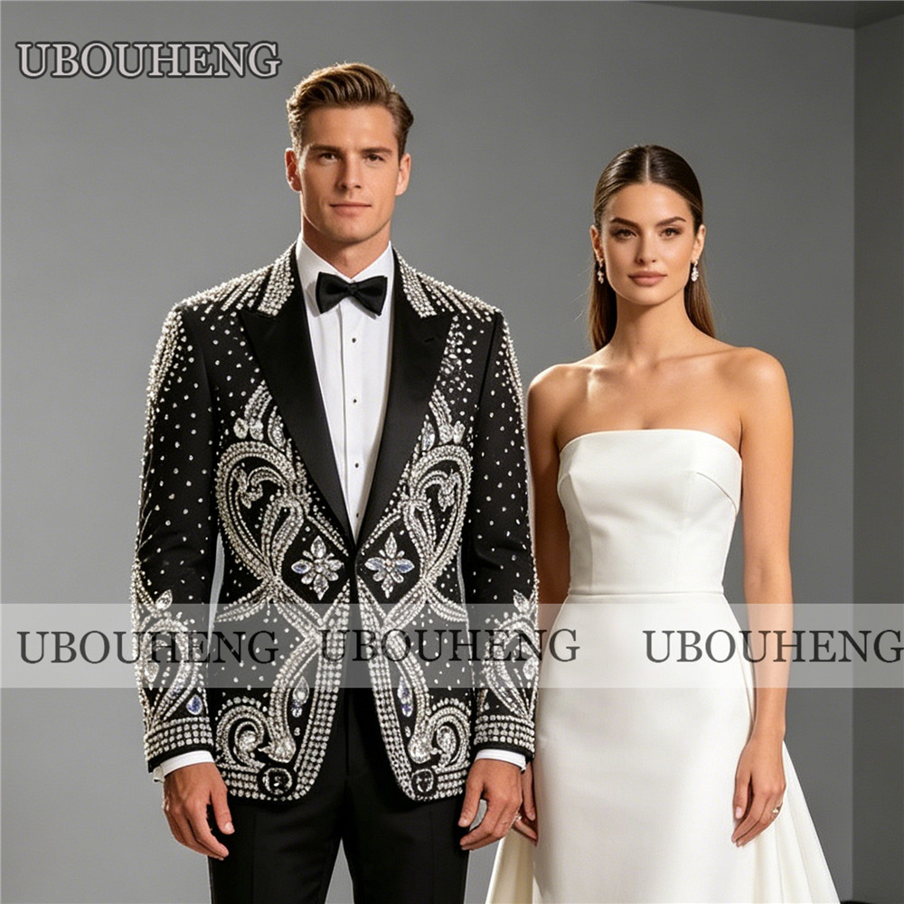 Men Formal Wear For Dinner - بدلة زفاف فاخرة للرجال مزينة بالألماس،