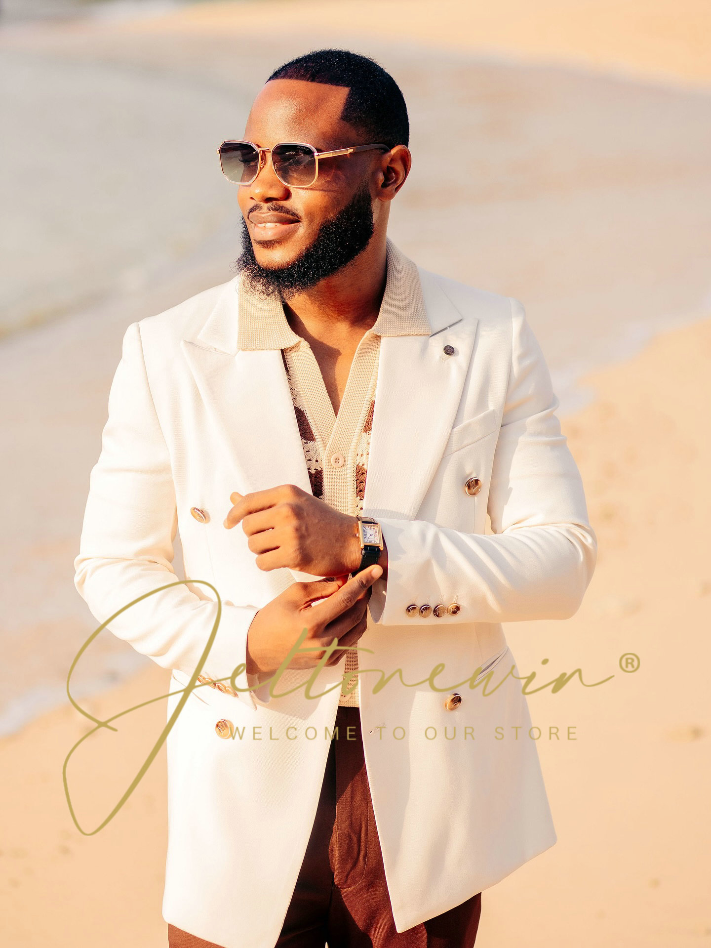 Men Formal Wear Brown - بدلة رجالية بيضاء مزدوجة الصدر مع