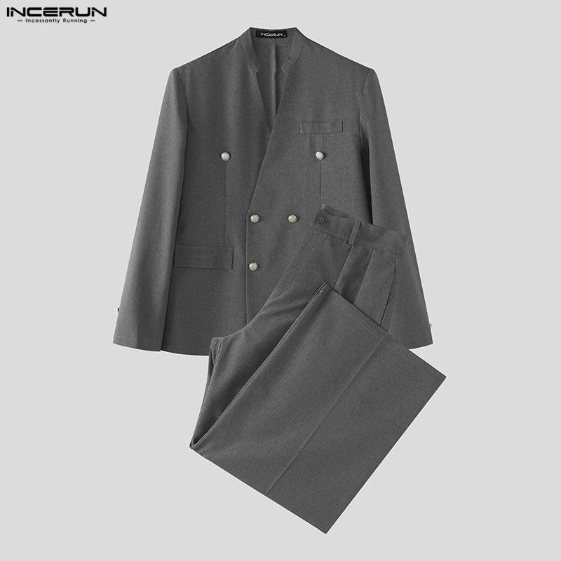 Double Breasted Blazer - طقم رجالي من INCERUN بلون موحد،