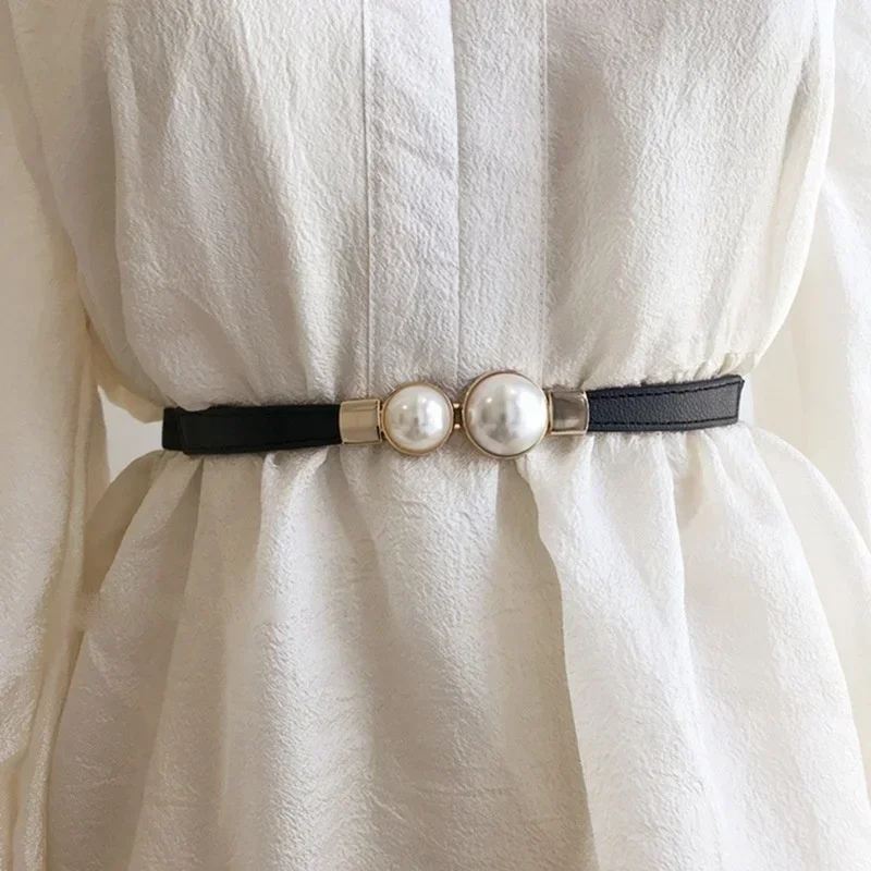 Formal Belt Leather Thin - حزام نسائي إبداعي مزدوج اللؤلؤ فستان