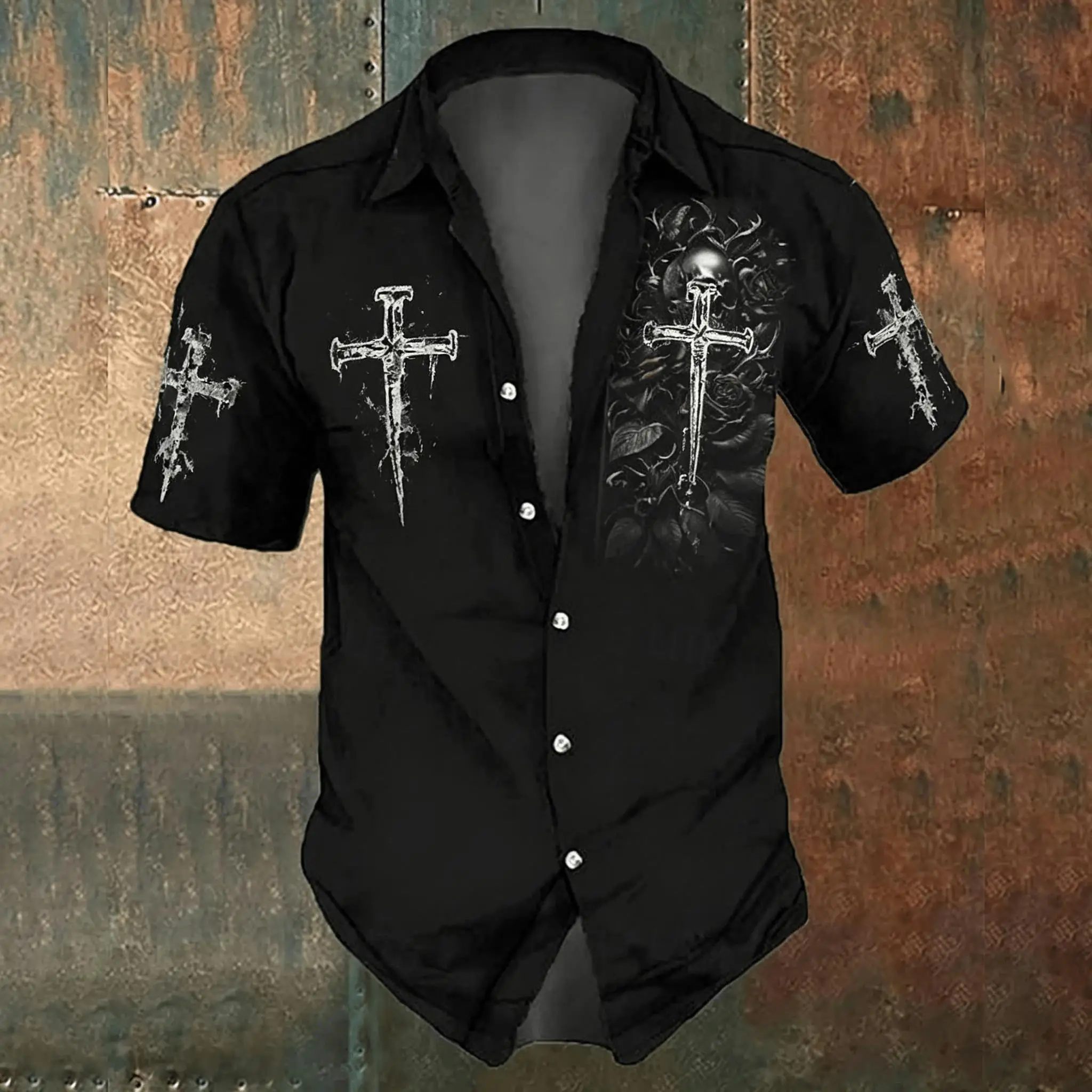 قميص رجالي أسود بطبعة صليب، بأ - مراجعة Men'S Gothic Formal Wear وسعره